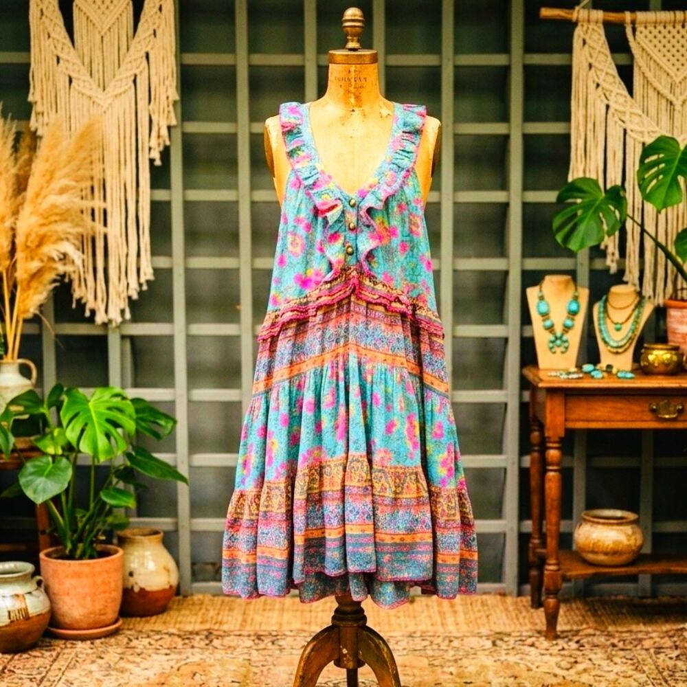 Sundance Boho Ruffle Tiered Floral Cotton Sundress XS Petite Cottagecore Earthy